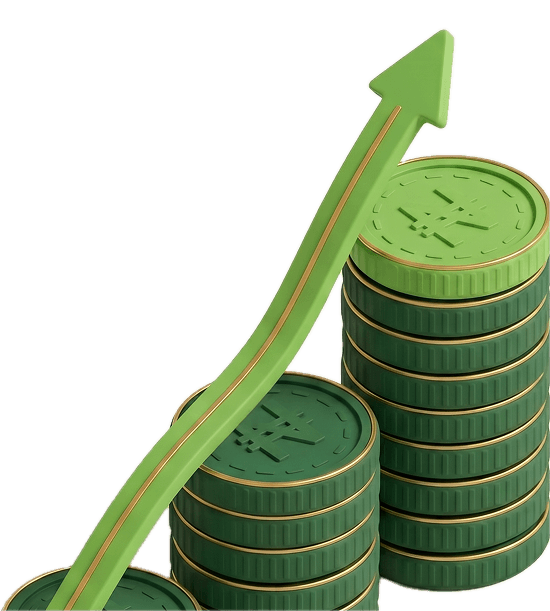 Rising arrow over growing stacks of coins